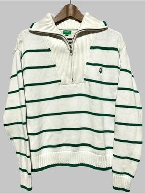 United Colors of Benetton Green Stripe 1/4 Zip Cotton Sweater M Preppy